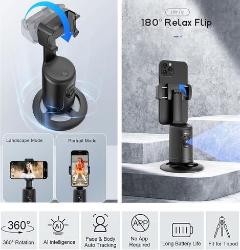 Auto Face Tracking Tripod 360° Rotation - Auto Tracking Phone Holder with Remote, No App, Smart Shooting Phone Holder Moving Tripod for iPhone Content Creator Essentials for Video Live Vlog (Black) in Saudi Arabia