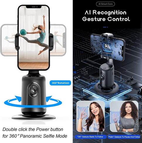 Auto Face Tracking Tripod 360° Rotation - Auto Tracking Phone Holder with Remote, No App, Smart Shooting Phone Holder Moving Tripod for iPhone Content Creator Essentials for Video Live Vlog (Black) in Saudi Arabia