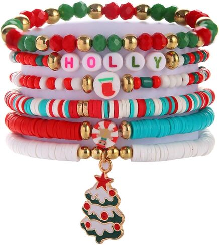 2024 Christmas Rainbow Beads Bracelet Set Colorful Santa Claus Snow Christmas Tree Pendant Bracelet Handmade Polymer Clay Disc Beaded Stackable Stretch Bracelet for Women Xmas Party Jewelry Gift in Saudi Arabia