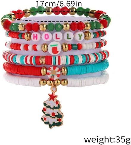 2024 Christmas Rainbow Beads Bracelet Set Colorful Santa Claus Snow Christmas Tree Pendant Bracelet Handmade Polymer Clay Disc Beaded Stackable Stretch Bracelet for Women Xmas Party Jewelry Gift in Saudi Arabia