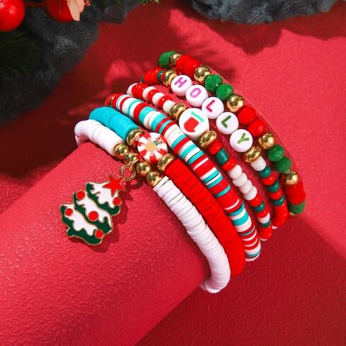 2024 Christmas Rainbow Beads Bracelet Set Colorful Santa Claus Snow Christmas Tree Pendant Bracelet Handmade Polymer Clay Disc Beaded Stackable Stretch Bracelet for Women Xmas Party Jewelry Gift in Saudi Arabia