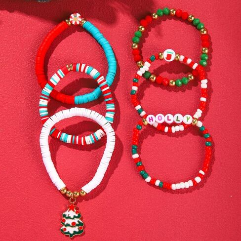 2024 Christmas Rainbow Beads Bracelet Set Colorful Santa Claus Snow Christmas Tree Pendant Bracelet Handmade Polymer Clay Disc Beaded Stackable Stretch Bracelet for Women Xmas Party Jewelry Gift in Saudi Arabia