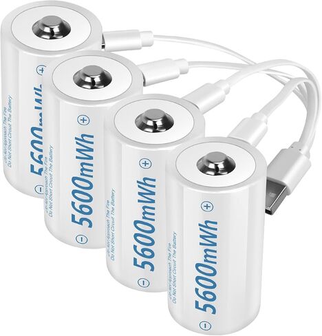 Rechargeable Lithium D Batteries with 4 in 1 USB-C Charging Cable,1.5V D Size Cell Battery 5600mWh for Flashlight Toys & floodlight (4 Pack) in Saudi Arabia