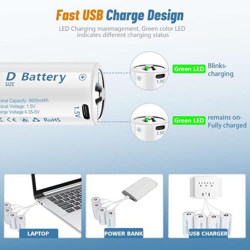 Rechargeable Lithium D Batteries with 4 in 1 USB-C Charging Cable,1.5V D Size Cell Battery 5600mWh for Flashlight Toys & floodlight (4 Pack) in Saudi Arabia
