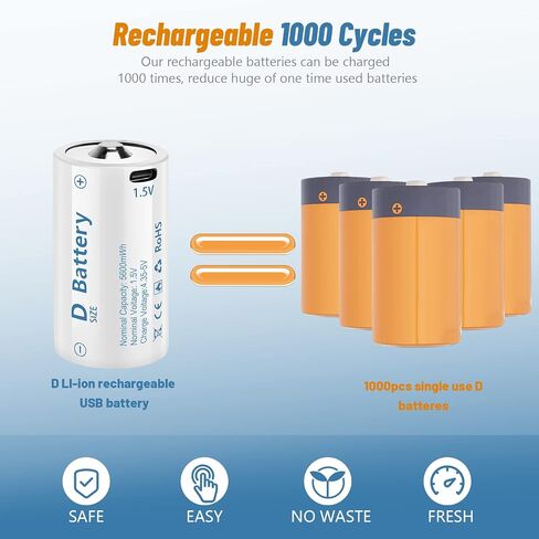 Rechargeable Lithium D Batteries with 4 in 1 USB-C Charging Cable,1.5V D Size Cell Battery 5600mWh for Flashlight Toys & floodlight (4 Pack) in Saudi Arabia