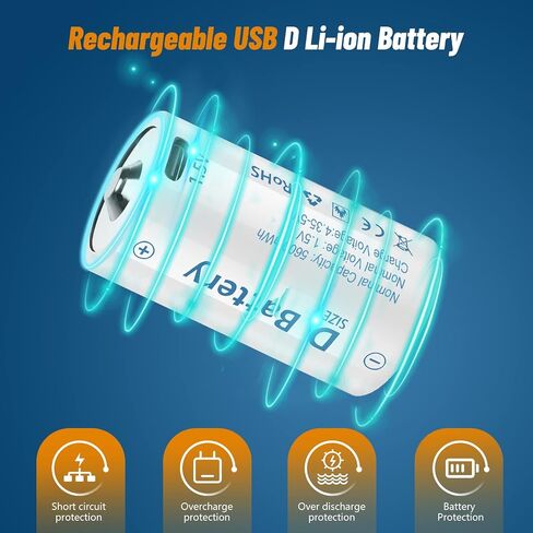 Rechargeable Lithium D Batteries with 4 in 1 USB-C Charging Cable,1.5V D Size Cell Battery 5600mWh for Flashlight Toys & floodlight (4 Pack) in Saudi Arabia