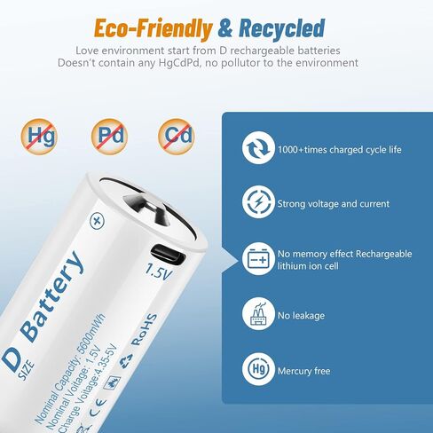 Rechargeable Lithium D Batteries with 4 in 1 USB-C Charging Cable,1.5V D Size Cell Battery 5600mWh for Flashlight Toys & floodlight (4 Pack) in Saudi Arabia