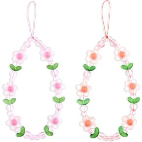 Ikacvb 2pcs Cute Phone Charm Flower Beaded Wrist Strap Phone Keychain For Girls Women Phone Strap Charms For Phone Case