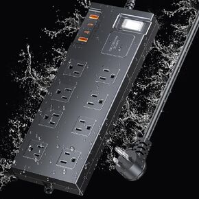 شريط طاقة مقاوم للماء، سلك تمديد خارجي، منافذ متعددة مع منافذ USB A + C، صندوق كهربائي مقاوم للماء، صندوق كهربائي موسع سلك شريط الطاقة 20 قدم