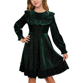 BesserBay Girls Glitter Fall Puff Long Sleeve Ruffle Crewneck Twirly Dress Midi Dress 5-14 Years