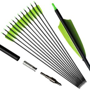 Archery 31-Inch Carbon Hunting Arrows, Turkey Feather Fletching with Replaceable Points, Targeting Practice Arrows Spine 500 for Recurve Bow, Longbow, Traditional Bow