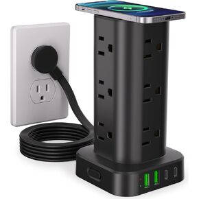 Power Strip Tower with Wireless Charger, Flat Plug Surge Protector Tower with 10FT Extension Cord, 12 AC Multiple Outlets, 4 USB (2 USB C),15W Wireless Charging Power Tower for Home Office Dorm,White