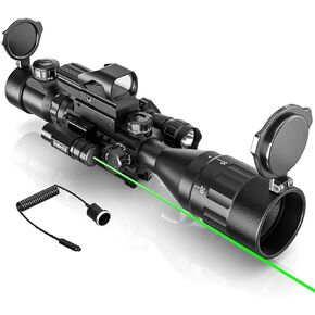 4-16x50 AO Rifle Scope Combo Red/Green Dual Illuminated Optics with Tail Switch Green Laser Sight Reflex 4 Holographic Reticle Red/Green Dot Sight for Rail Mount 5 Modes Flashlight