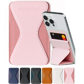 Elite Tech Gear Secure Phone Card Holder with Adjustable Stand - Compatible with iPhone & Android - Adhesive Phone Case Wallet for Cards - Vegan Leather - Pink