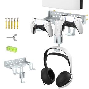 MEQI PS5 Wall Mount Kit Accessories with Heat Dissipation Holes, Metal Wall Hanging Stand with Controller Holder & Headphone Hanger & Remote Control Bracket for Playstation 5 / PS 5 Slim/PS5 Pro Console