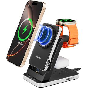 3 in 1 Charging Station Compatible with MagSafe for Apple, SwanScout 304M, Magnetic Wireless Charger Stand with 5000mAh Detachable Portable Charger for iPhone 16/15, Apple Watch, AirPods (No Adapter)
