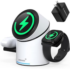 ZEEHOO 3 in 1 Charging Station for Apple Devices, Mag-Safe Charger Stand, Qi2 15W Auto-Rotating Wireless Charging Station for iPhone 16/15/14/13/12 Series& AirPods& iWatch(30W Charger Included) White