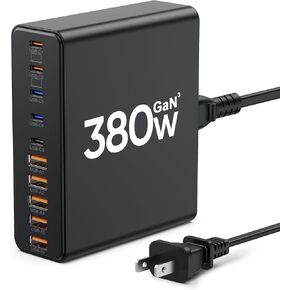 380W USB C Charger,10-Port USB C Charging Station GaN III Fast Charging Station Hub Laptop Adapter for MacBook Pro/Air,iPad,iPhone,Dell XPS,Samsung Galaxy (Black)