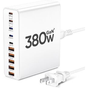 شاحن USB C بقدرة 380 واط، محطة شحن USB C بـ 10 منافذ GaN III، محول كمبيوتر محمول لمحطة شحن سريعة لأجهزة MacBook Pro/Air، iPad، iPhone، Dell XPS، Samsung Galaxy (أسود) in Kuwait