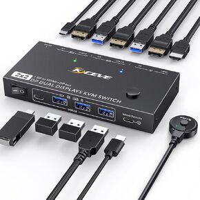 Displayport KVM Switch 2 Monitors 2 Computers 8K@60Hz，4K@144Hz. USB3.0 MST KVM Switch Dual Monitor for 2 Computers Share 2 Monitors and 4 USB Devices Support Extended/Copy Mode with Desktop Controller