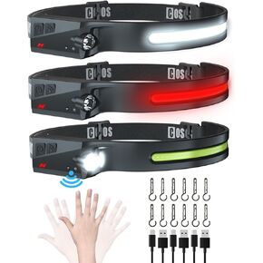 COSOOS Original Rechargeable Headlamps 3PCS, 1000 Lumen Bright LED Headlamp Flashlight, Red Light, 230° Wide Beam & Spot Light, Motion Sensor, 2.4oz Head Lamp with Clips for Hard Hat, Camping