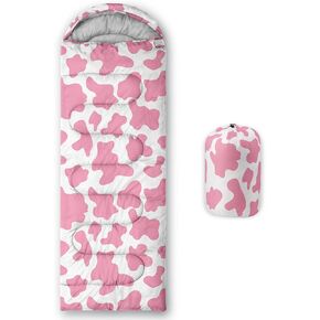 Axolotl Cow Print Sleeping Bag for Kids–Lightweight Warm Cold Weather Cartoon Milk Cow Print Sleeping Bags,Waterproof Portable Cow Sleeping Bag for Camping Backpacking Outdoor Indoor 3-4 Seasons,Pink