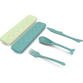 Reusable Utensil Set with Case, Lightweight Knives Spoons and Forks Set, Cute Ocean Style Utensils, Portable Cutlery Set for School Work Lunch or Daily Use (Dark Blue)
