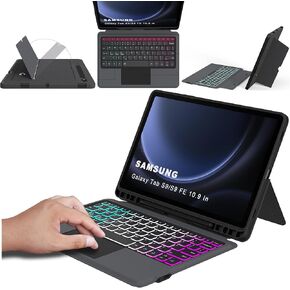 for Samsung Galaxy Tab S9 FE 10.9"/S9 11" Case with Detachable Keyboard : DIY 3-Zone 7 Color Backlit Keyboard with Touchpad - Auto Wake/Sleep Keyboard Case with S Pen Holder for Tab S9 FE/S9, Black