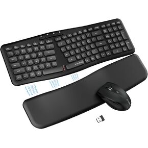 Wireless Keyboard and Mouse Combo, E-YOOSO Ergonomic Wave Keyboard with Detachable Wrist Rest, Split Design, 2.4G Lag-Free Cordless Keyboard Mouse Set for Computer, Laptop, PC, Mac, Windows