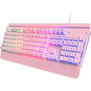 Pink Creamy Keyboard, 104 Keys All-Metal Panel, Rainbow LED Backlit Silent Gaming Keyboard, Wrist Rest, PBT Keycap, Anti-ghosting Keys, Light Up USB Wired Computer Keyboard for PC