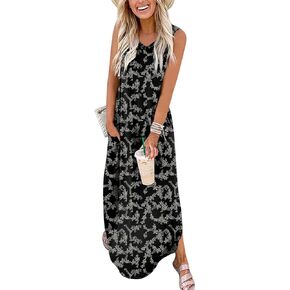 DouBCQ Women's 2023 Summer Maxi Casual Sundress V Neck Sleeveless Long Dresses with Pockets
