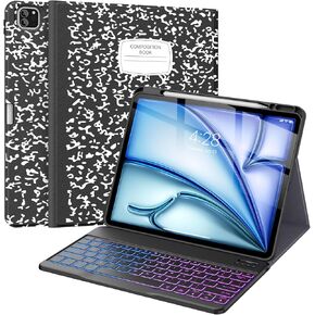 حافظة لوحة مفاتيح Supveco لجهاز iPad Air 13 بوصة (M2) 2024/iPad Pro 12.9 بوصة الجيل السادس/الخامس مع حامل قلم رصاص - غطاء لوحة مفاتيح قابل للطي بإضاءة خلفية لاسلكية قابلة للفصل لجهاز iPad Air 13/Pro 12.9 الجديد - أسود