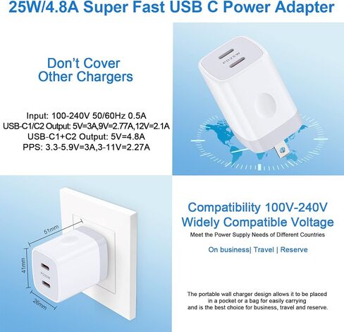كتلة شاحن USB C، 25 وات 2 منفذ نوع C شاحن جداري شحن سريع مزدوج PD قابس محول الطاقة لهاتف iPhone 16 Pro Max 15/15 Pro/15 Pro Max/15 Plus، Samsung Galaxy S24 S23 S22 S21 S20 A15 A14 Android Phone in Saudi Arabia