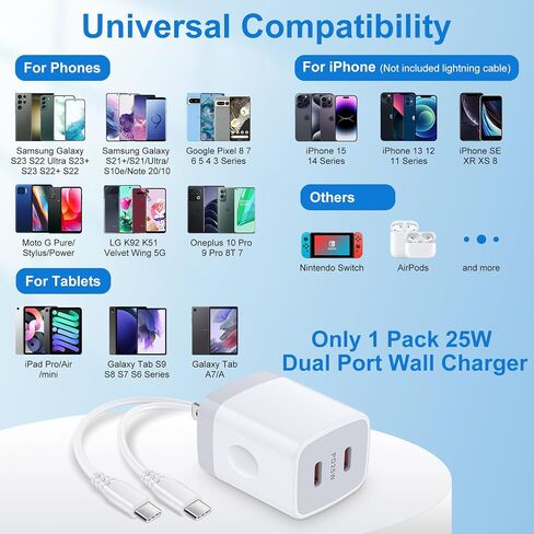 كتلة شاحن USB C، 25 وات 2 منفذ نوع C شاحن جداري شحن سريع مزدوج PD قابس محول الطاقة لهاتف iPhone 16 Pro Max 15/15 Pro/15 Pro Max/15 Plus، Samsung Galaxy S24 S23 S22 S21 S20 A15 A14 Android Phone in Saudi Arabia