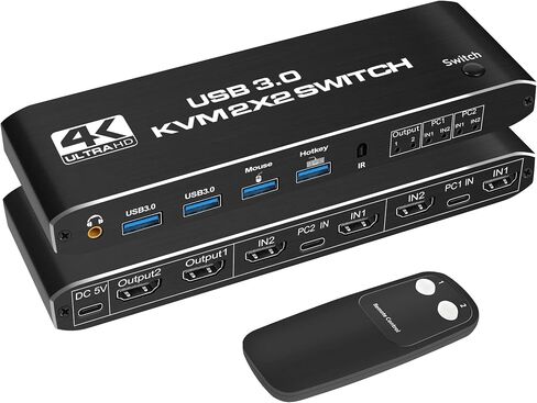 KVM Switch 2 Monitors 2 Computers, NEWCARE 4K@60Hz HDMI KVM switches with Audio, Keyboard Video Mouse Peripherals displayport Switch Support UHD,USB 3.0 Hub, Hotkey in Saudi Arabia
