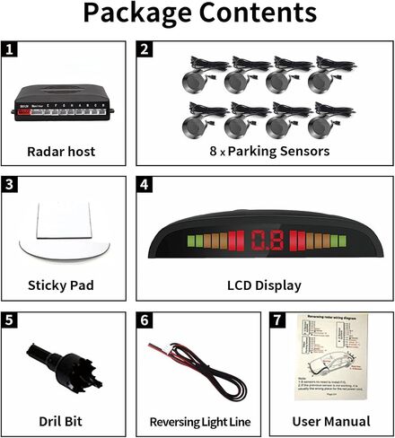 Car Reverse Parking sensors System with 8 Parking Sensors Distance Detection + LED Distance Display + Sound Warning (White Color) in Kuwait