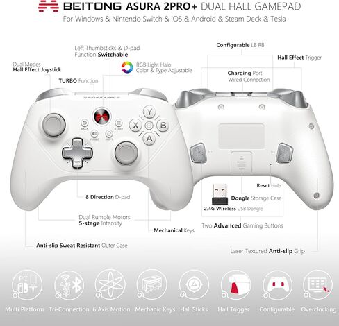 BEITONG Asura 2Pro+ جهاز تحكم في الألعاب PC بدون عصا تحكم بتأثير قاعة الانجراف ومشغل لوحة ألعاب لاسلكية لنظام التشغيل Windows Switch Tesla، 6 محاور للتحكم في الحركة/زر ميكانيكي/ماكرو أبيض in Kuwait