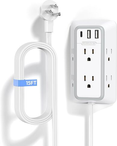 NTONPOWER Power Strip with Flat Plug 15 ft Cord, Extension Cord, Wall Mount Power Strip with USB, Long Extension Cord with USB C for Home Office Accessories, White in Saudi Arabia