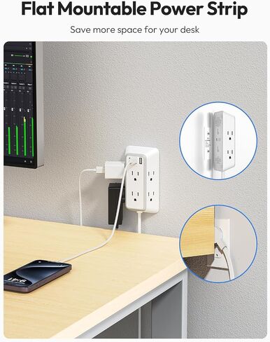 NTONPOWER Power Strip with Flat Plug 15 ft Cord, Extension Cord, Wall Mount Power Strip with USB, Long Extension Cord with USB C for Home Office Accessories, White in Saudi Arabia