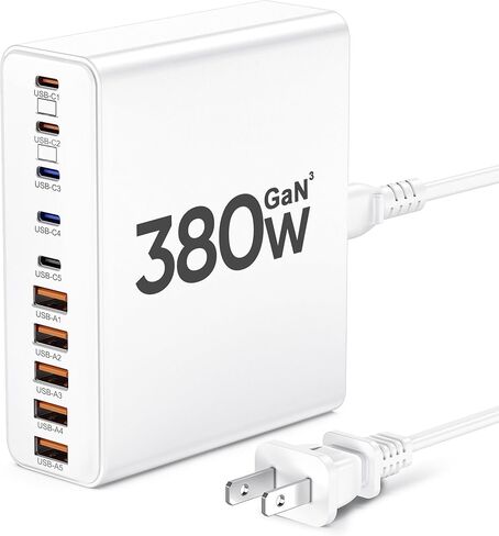 شاحن USB C بقدرة 380 واط، محطة شحن USB C بـ 10 منافذ GaN III، محول كمبيوتر محمول لمحطة شحن سريعة لأجهزة MacBook Pro/Air، iPad، iPhone، Dell XPS، Samsung Galaxy (أسود) in Kuwait