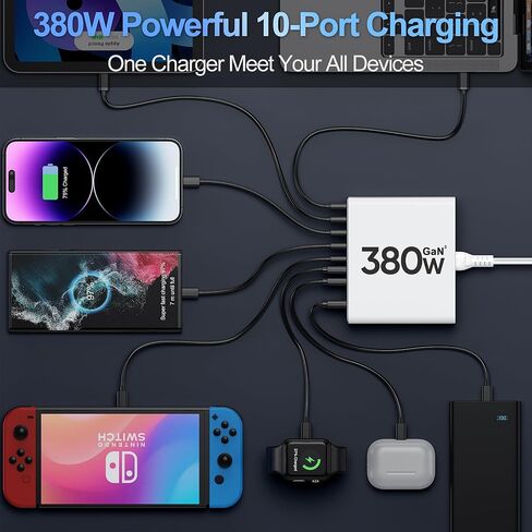 شاحن USB C بقدرة 380 واط، محطة شحن USB C بـ 10 منافذ GaN III، محول كمبيوتر محمول لمحطة شحن سريعة لأجهزة MacBook Pro/Air، iPad، iPhone، Dell XPS، Samsung Galaxy (أسود) in Kuwait