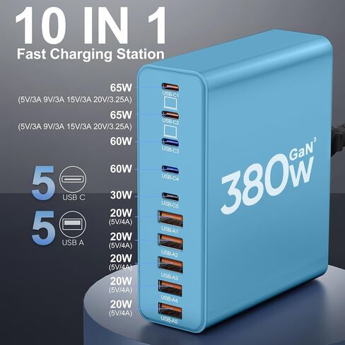 750W USB C Charger Block,10-Port Charging Station GaN Fast Charging Type C & USB A Wall Charger Adapter for MacBook Pro/Air,iPhone,iPad,Dell XPS,Samsung Galaxy (Bright Black) in Saudi Arabia