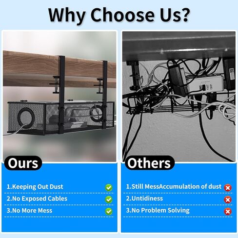 No Drilling Under Desk Cable Management Box Tray with Lid Metal Under Desk Wire Management Box Clamp Mount Under Table Cord Management Organizer No Damage to The Desk in Saudi Arabia