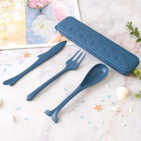 Reusable Utensil Set with Case, Lightweight Knives Spoons and Forks Set, Cute Ocean Style Utensils, Portable Cutlery Set for School Work Lunch or Daily Use (Dark Blue) in Saudi Arabia