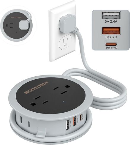 Travel Power Strip with USB Ports, 4 FT Winding Flat Plug Extension Cord with 4 AC Outlets, 3 USB (1 USB C), Portable Power Strip, Compact for Travel, Dorm Room, Cruise Essentials, Travel Gear, Grey in Saudi Arabia