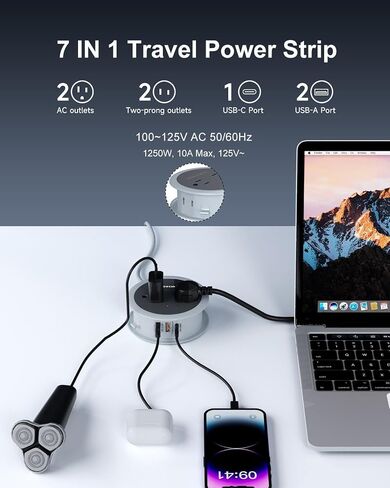 Travel Power Strip with USB Ports, 4 FT Winding Flat Plug Extension Cord with 4 AC Outlets, 3 USB (1 USB C), Portable Power Strip, Compact for Travel, Dorm Room, Cruise Essentials, Travel Gear, Grey in Saudi Arabia