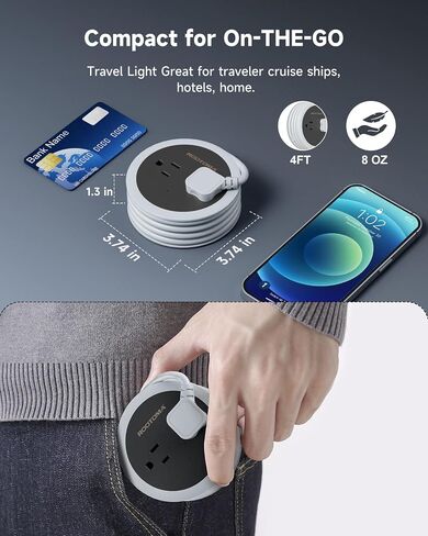 Travel Power Strip with USB Ports, 4 FT Winding Flat Plug Extension Cord with 4 AC Outlets, 3 USB (1 USB C), Portable Power Strip, Compact for Travel, Dorm Room, Cruise Essentials, Travel Gear, Grey in Saudi Arabia