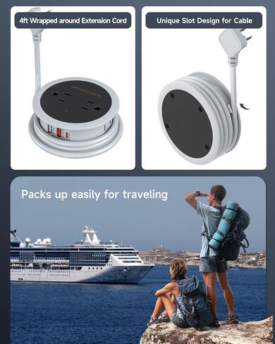 Travel Power Strip with USB Ports, 4 FT Winding Flat Plug Extension Cord with 4 AC Outlets, 3 USB (1 USB C), Portable Power Strip, Compact for Travel, Dorm Room, Cruise Essentials, Travel Gear, Grey in Saudi Arabia