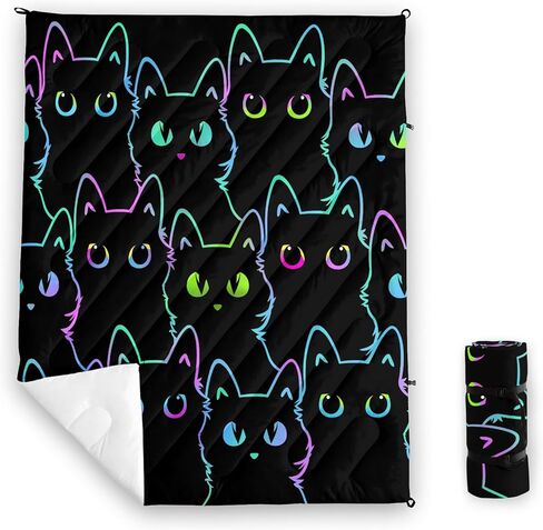 axolotl الأسود النيون القط بطانية التخييم، صورة ظلية القط قابلة للتعبئة بطانية في الهواء الطلق، الأزرق الأخضر للماء خفيفة الوزن الدافئة منتفخ المطبوعة بطانية، القط عاشق السفر بطانية للتخييم، والسفر، والاستاد، والمشي لمسافات طويلة in Kuwait