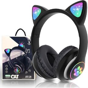 Bluetooth Headphones for Kids, Cute Ear Cat Ear LED Light Up Foldable Headphones Stereo Over Ear with Microphone/TF Card Wireless Headphone for iPhone/iPad/Smartphone/Laptop/PC/TV (Purple)